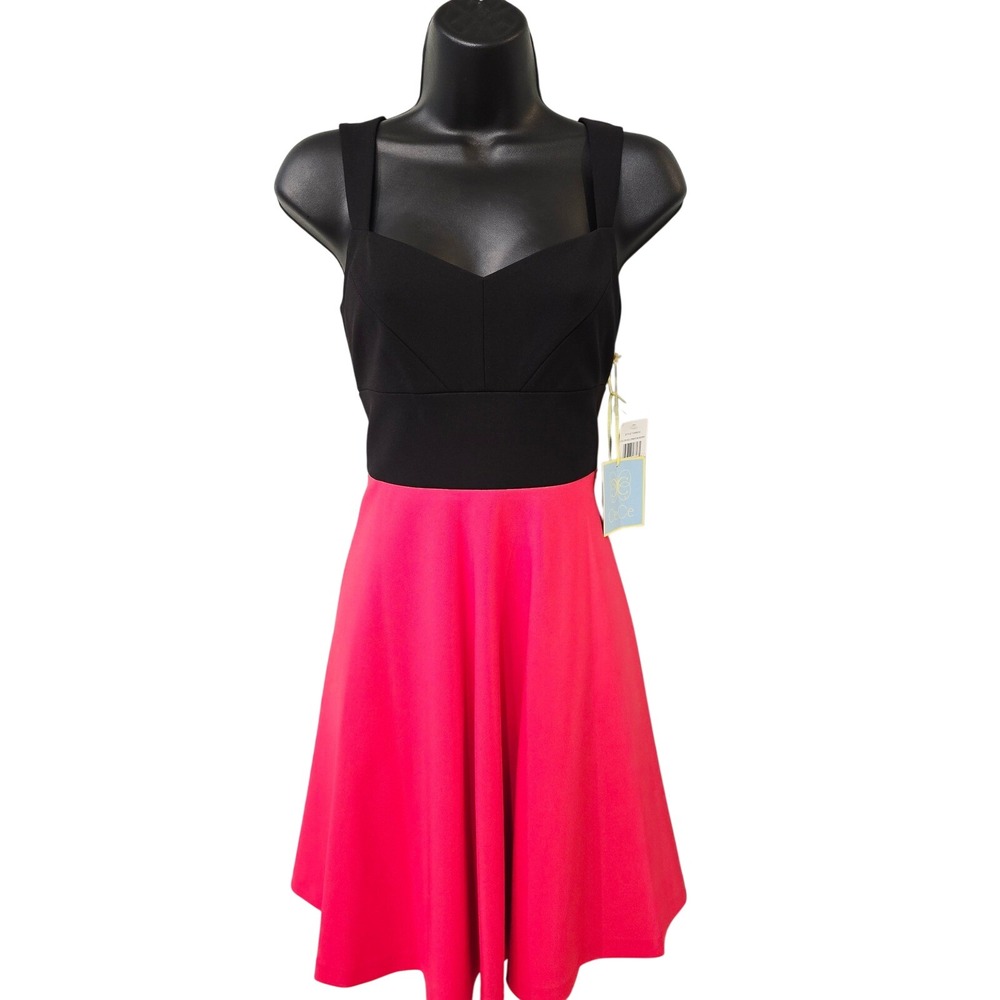 NWT CeCe Crimson Berry Pink Black Colorblock‎ Fit Flare Dress 73369030 Size 4